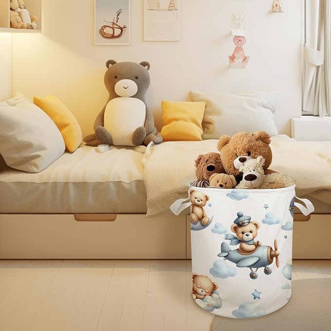 Bear Nursery Laundry Basket Hamper, Toybox for Boys Girls, Hot Air Balloon Airplane Bear Waterproof Collapsible Storage Bin Organizer for Bedroom Bathroom Kids Room Clothes Toys Books