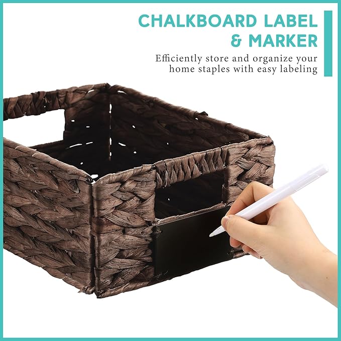 Nitial 8 Pcs 12 x 9 x 5 Inch Wicker Storage Basket, Rectangular Water Hyacinth Storage Baskets for Shelving, Foldable Woven Pantry Organizer with Chalkboard Label and Chalk Marker (Dark Brown)