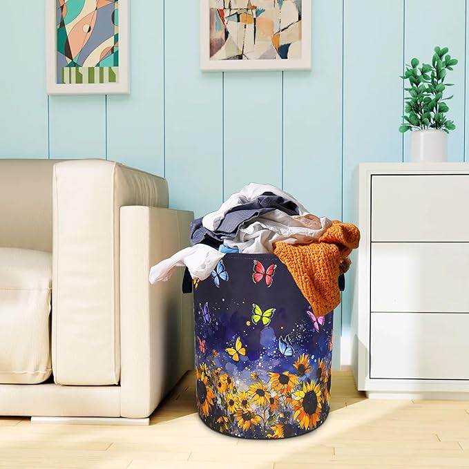 Colorful Butterfly Sunflower Laundry Basket Oxford Cloth Laundry Hamper With Handle Foldable Portable Clothes Storage Basket 18.9 X 16.5 In Storage Bag For Laundry Room/Bathroom/Bedroom/Dormitories
