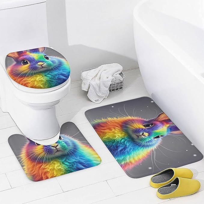 4 Piece Bathroom Rug Set with Shower Curtain, Non-Slip Bath Mat Toilet Cover Set, Rainbow Rabbit Bathroom Rug Sets