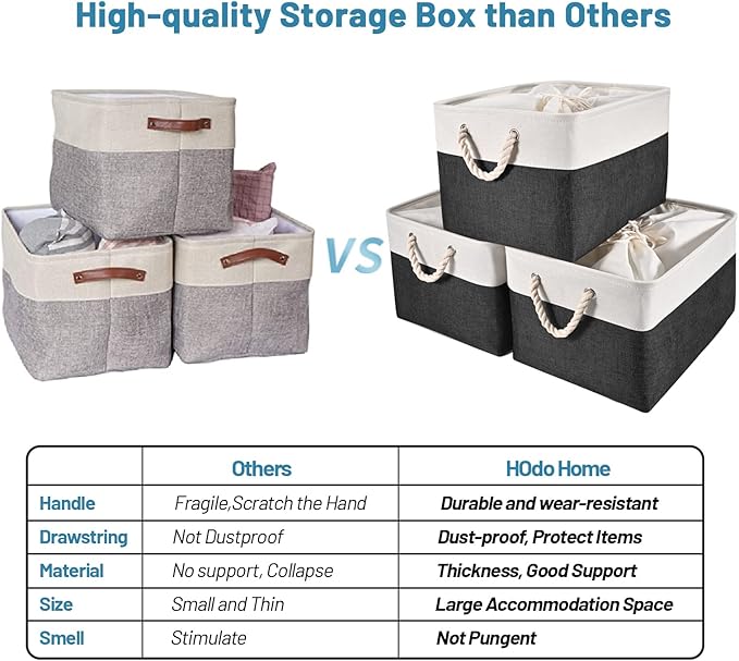HOdo Home 3PCS Fabric Storage Bin with Drawstring Closure and 2 Bold Handles, Collapsible Large Canvas Storage Baskets for Organizing Shelf Nursery Home (White and Black, 15.8L×11.8W×9.5H)