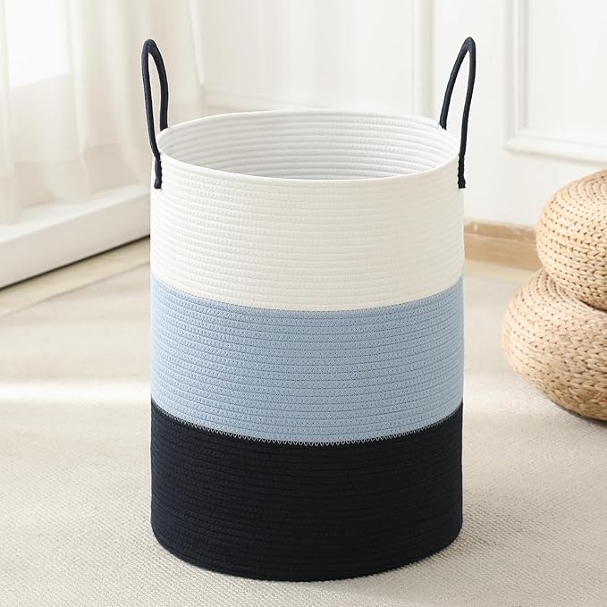 Woven Laundry Hamper Tall Rope Storage Basket for Blanket toys Dirty Clothes in Living Room Bathroom Bedroom (Gradient Blue, 100L/26.4Gal)