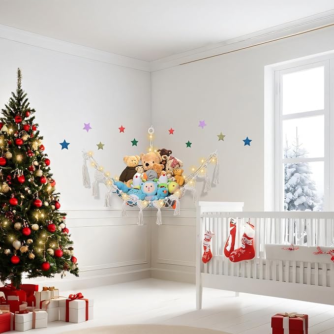 Stuffed Animals Net w/LED Star Light, 56 Inch Jumbo Toy Hammock Hanging Storage Organizer Holder Nursery Décor for Teddy Plushie, Cream Stuffed Animals Hammock Corner for Kid Girls Boys Gift