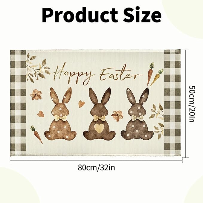 Happy Easter Bathroom Rug for Bathtub Brown Bunny Eggs Carrots Bathroom Mats Buffalo Plaid Decorative Non-Slip Absorbent Bath Rugs 32"x20" for Dooway Kitchen Sink Bedside Shower Room