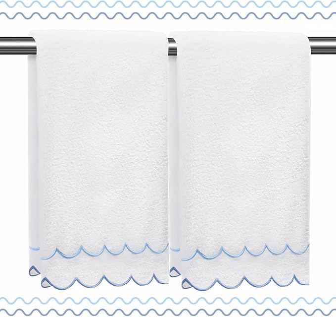 100% Cotton Hand Towels for Bathroom 2 Pcs Scalloped Hand Towels 16 * 27 Inch Embroidered Decorative 600 GSM Soft Absorbent Bath Towel for Spa Yoga Hotel Sport (Blue)