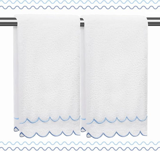 100% Cotton Hand Towels for Bathroom 2 Pcs Scalloped Hand Towels 16 * 27 Inch Embroidered Decorative 600 GSM Soft Absorbent Bath Towel for Spa Yoga Hotel Sport (Blue)