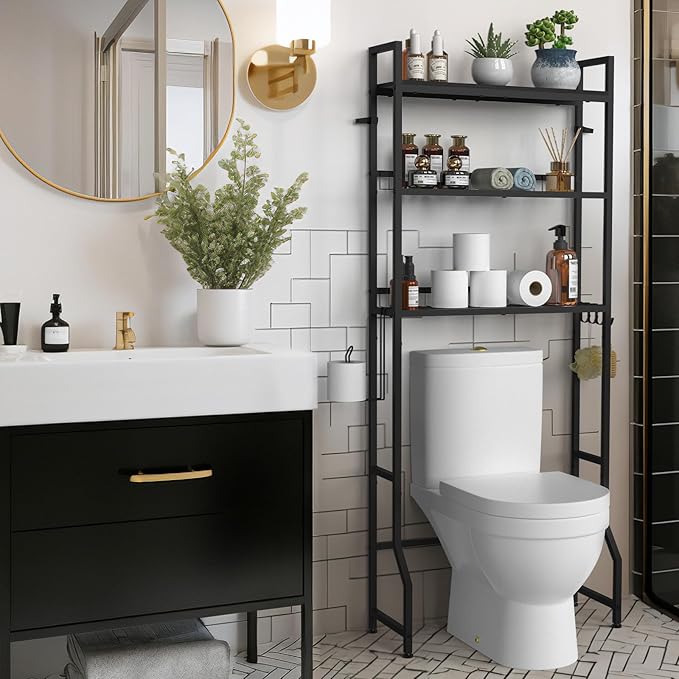 YBING Over The Toilet Rack 3 Tier Bathroom Shelf Over Toilet Storage Organizer Freestanding Above Toilet Storage Rack with Metal Frame and Hook Bathroom Over Toilet Storage Stand Black