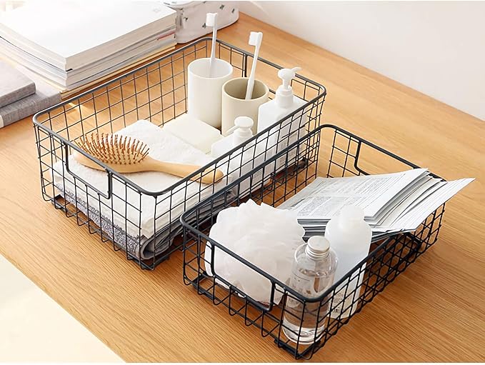 Kingrol 2 Pack Wire Storage Baskets with Handles, Metal Organizer Basket Bins for Home, Office, Nursery, Laundry Shelves Organizer