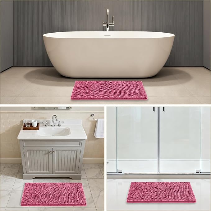 Hot Pink Bathroom Rugs 20"x32" - Thick Plush Chenille Non-Slip Bath Mat - Absorbent, Washable, Soft Decor for Sink, Shower, Tub, Kitchen, Home Accessories