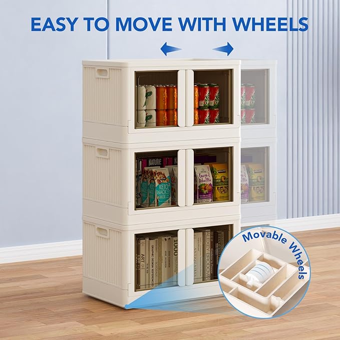 FLEXIMOUNTS 304 QT Stackable Storage Bins With Lids, Collapsible Plastic Storage Bins, Closet Organizers and Containers with Doors For Home and Built-in Wheels, 4 Pack Cubes, Milky White