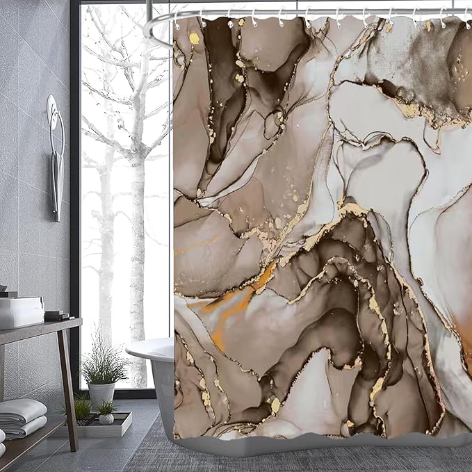 4Pcs Luxury Brwon Marble Pattern Shower Curtain Set with 12 Hooks Non-Slip Rugs,Toilet Lid Cover and Bath Mat, Stylish Bathroom Decor for Hotel & Home Bathroom