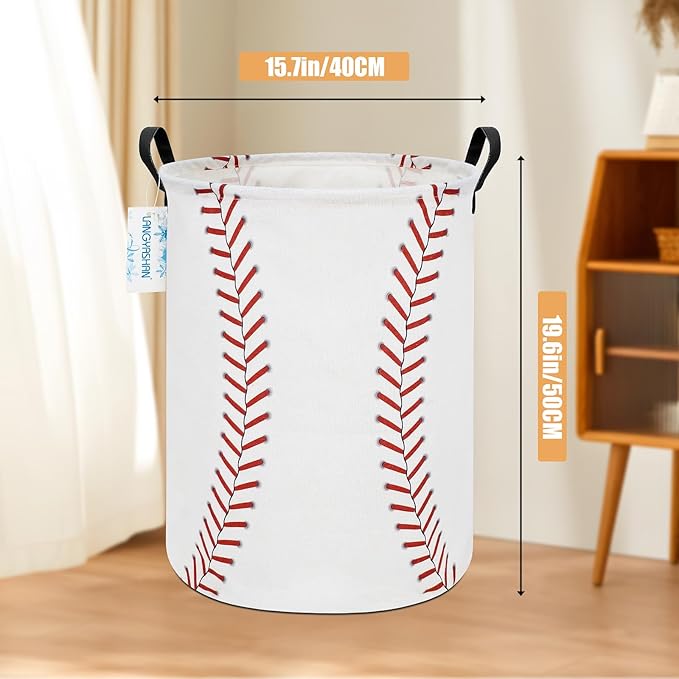LANGYASHAN Laundry Basket Canvas Fabric Collapsible Organizer Basket for Storage Bin Toy Bins Gift Baskets Bedroom Clothes Children Nursery Hamper (Baseball)