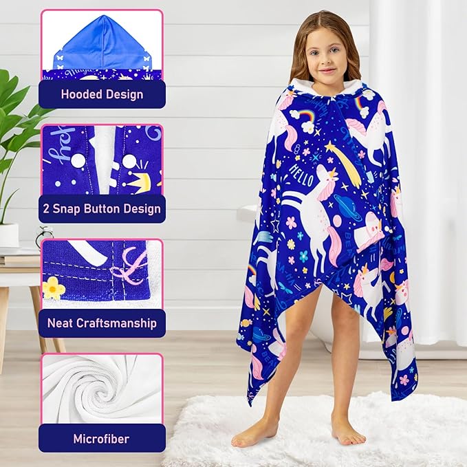 Hooded Towels for Kids Unicorn 60" x 35" Toddler Bath Beach Towel Poncho with Hood Super Soft and Absorbent 100% Microfiber for Girls Ages 5-12