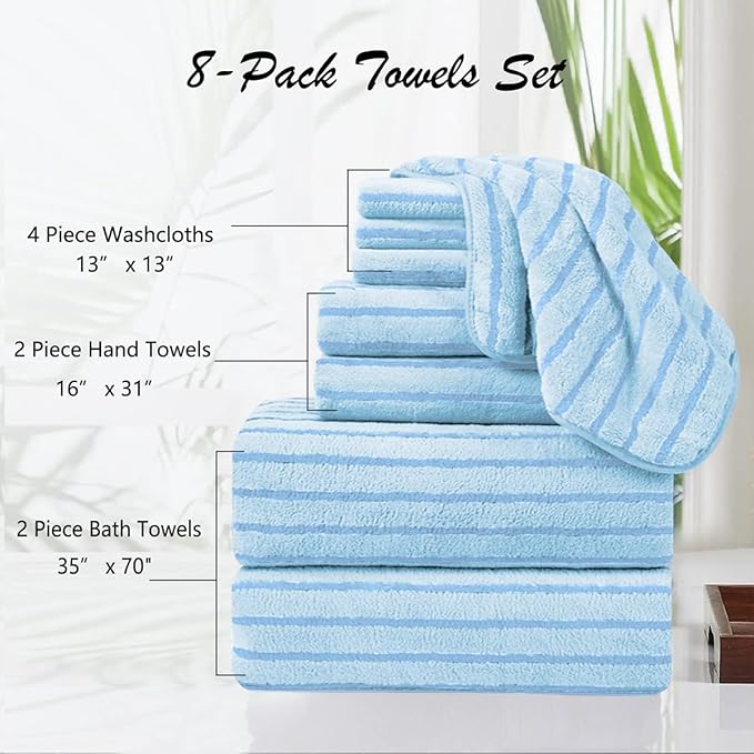 8 Pcs Blue Cabana Stripe Bath Sheet Set Oversized Bath Towel-2 Bathroom Sheets,2 Hand Towels,4 Washcloths Soft Jumbo Towels Absorbent Shower Towel Quick Dry Beach Chair Towel Spa Gym Hotel Towels