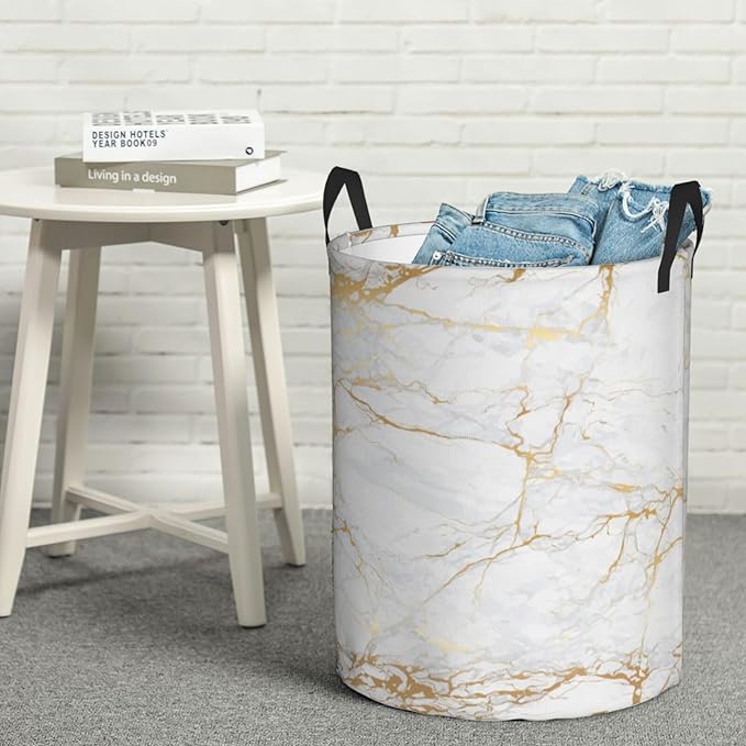 Marble Print Round Laundry Hamper Storage Basket Toys Clothes Organizer Bin For Home Bathroom Bedroom Dorm Nursery, 62l