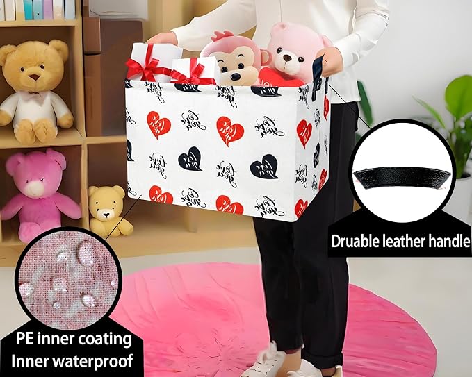 Large Valentine's Day Basket Heart Shaped Storage Bin for Gifts Collapsible Organizer Room Decor (Red Black Love You)