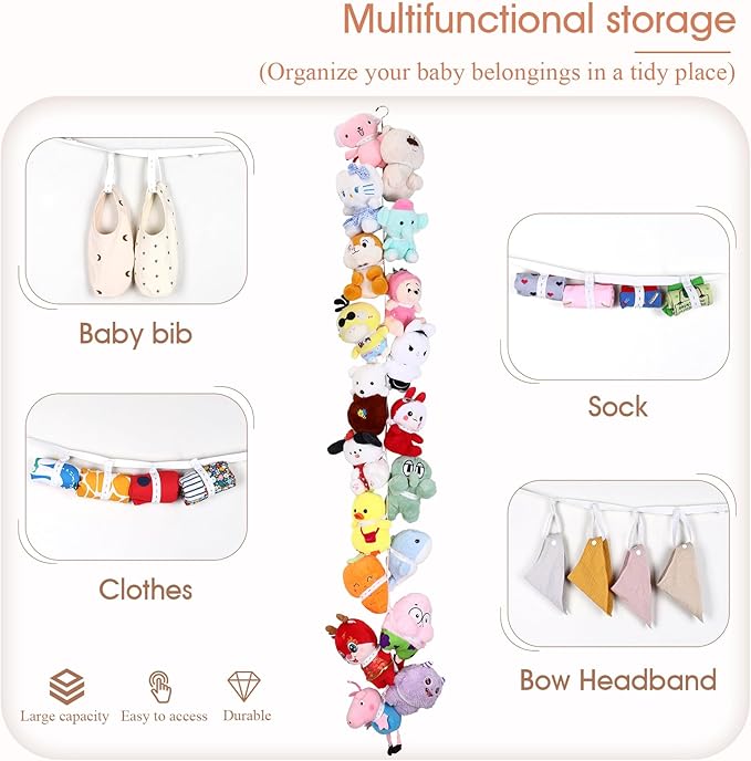 POVETIRE Stuffed Animal Storage Chain, 80 Inch Elastic Band Hanging Storage, White Cotton Stuffed Animal Display for Bedroom Nursery Corner Curtain Rod