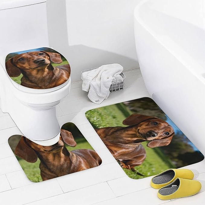 4 Piece Bathroom Rug Set with Shower Curtain, Non-Slip Bath Mat Toilet Cover Set, Dachshund Sitting Bathroom Rug Sets