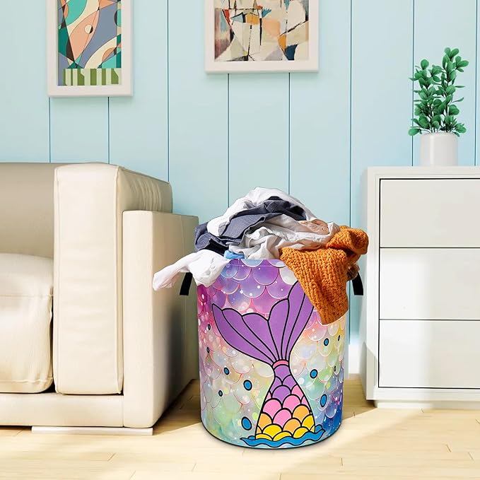 Mermaid Tail Laundry Basket Oxford Cloth Colorful Mermaid Scales Laundry Hamper With Handle Foldable Portable Clothes Storage Basket 18.9 X 16.5 In Storage Bag For Laundry Room/Bathroom/Bedroom