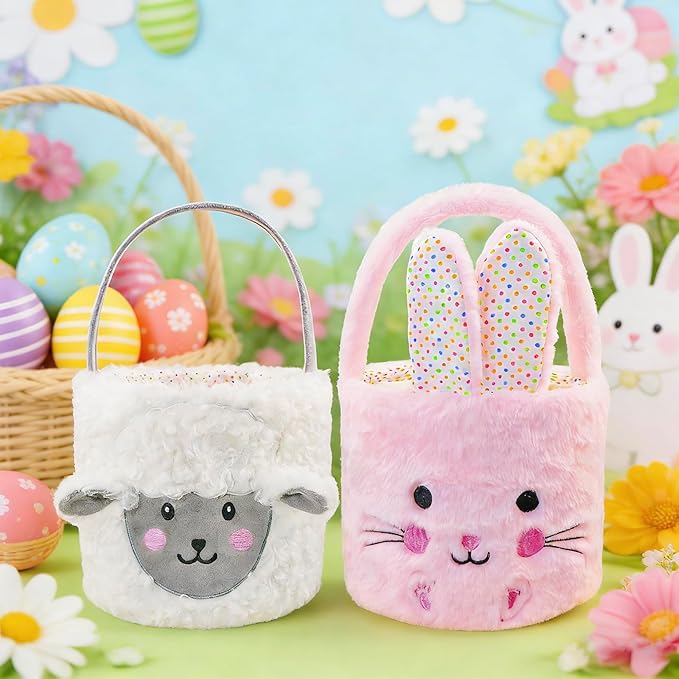 DearSun 2 Pcs Easter Basket Bunny & Lamb Plush Baskets, Easter Egg Hunting Basket for Kids Gifts Party Decoration Supplies, Dia 8" * H 15.7"(Pink Bunny & Sheep)