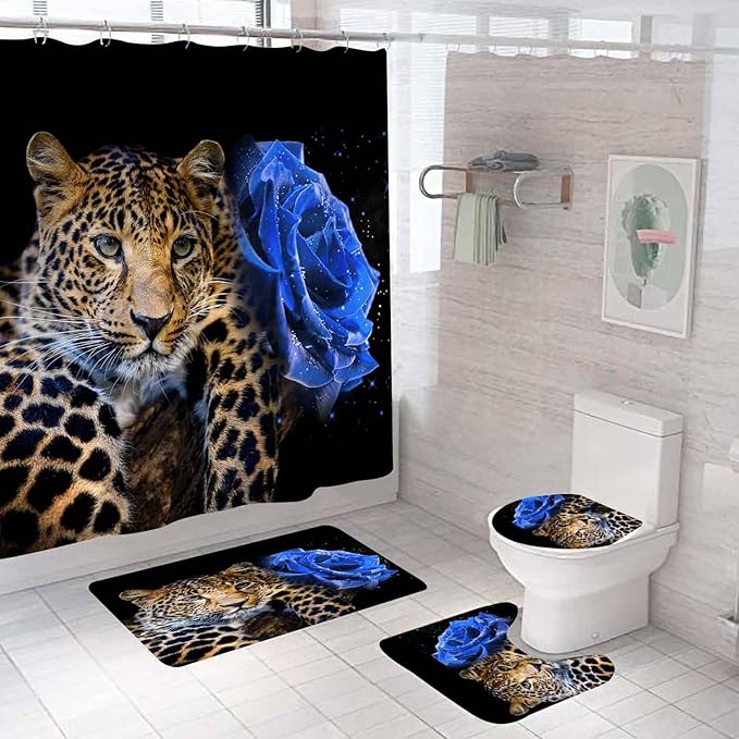 4PCS Blue Rose Leopard Shower Curtain Sets with Rugs, Waterproof Fabric Black Shower Curtain, Modern Romantic Elegant Blooming Floral African Wild Animal Safari Jaguar Cheetah Bathroom Decor