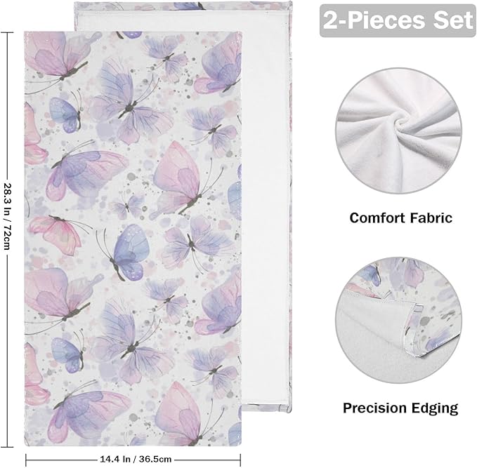 2 Pcs Watercolor Blue Butterfly Decorative Hand Towels for Bathroom,Soft Absorbent Pink Butterflies Pattern Dish Towels for Kitchen,Quick Dry Guest Bathroom Towels for Face,Shower 14"x28"