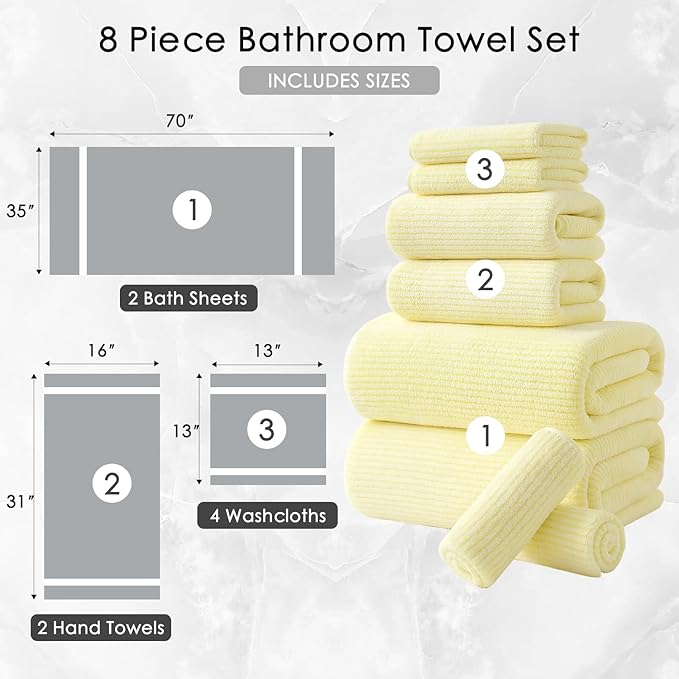 8-Piece Premium Towel Set for Bathroom|2 Oversized Large Bath Sheet,2 Hand Towels,4 Washcloths|Soft Cozy Highly Absorbent Fast Dry Microfiber Shower Towel Set for Hotel Bathroom Essentials,Yellow