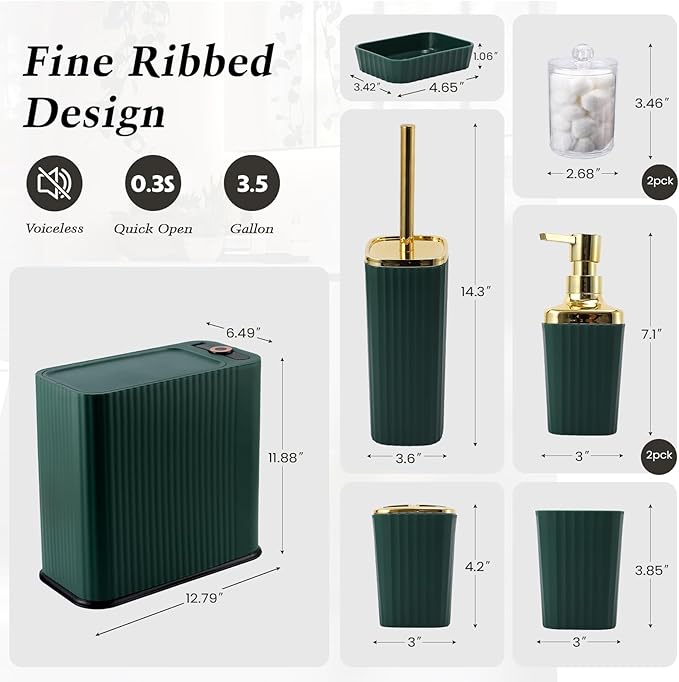 9-Piece Dark Green Bathroom Set with Narrow Trash Can Press Top Lid, Bathroom Accessories Sets with Toilet Brush, Soap Dispenser, Toothbrush Set, Soap Dish & Apothecary Jars for Small Spaces