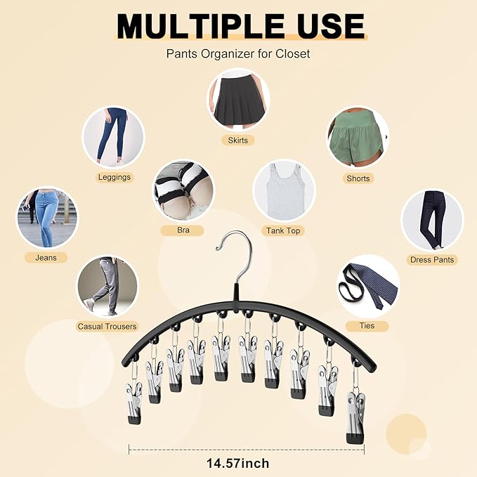 Legging Organizer for Closet, Metal Yoga Pants Hangers 2 Pack w/10 Clips Holds 20 Leggings, Space Saving Hanging Closet Organizer w/Rubber Coated Closet Organizers and Storage, Black
