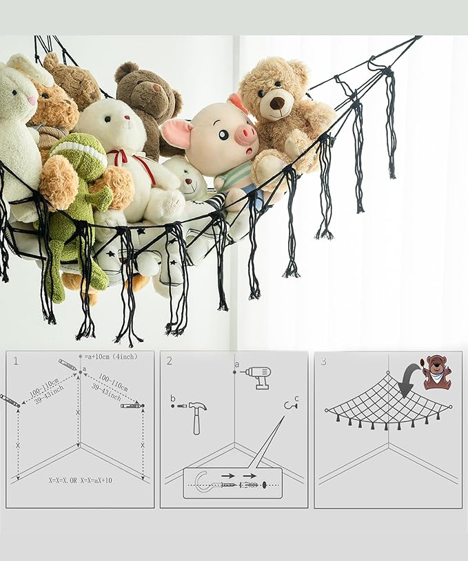 Stuffed Animal Storage Corner Hammock or Net,Toy Storage Hammock for Stuff Animals,Plushie Net for Nursery Bedroom Wall,Stuffed Animal Organizer Holder for Plush,Cute Boho Room Decor.（Black）