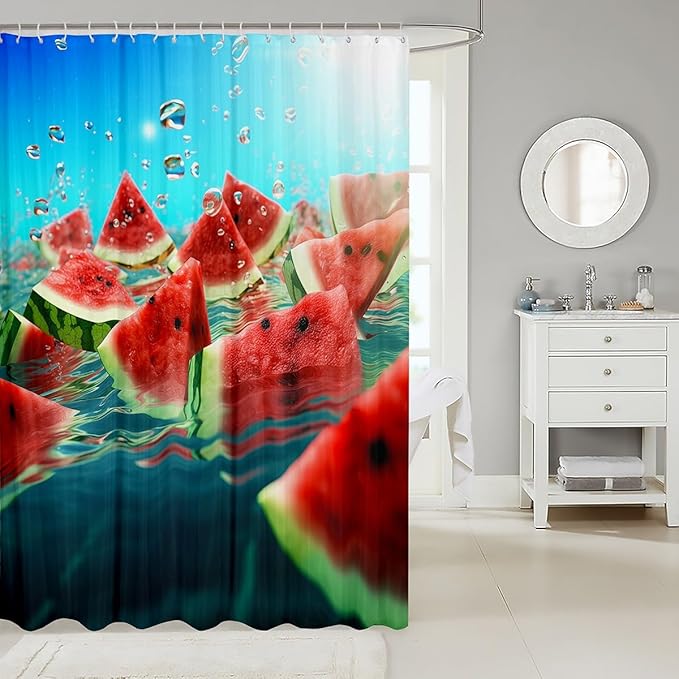 3D Watermelon Bathroom Shower Curtain - Cool Summer Fruits for Kids Boys Girls Decor, Tropical Delicious Waterproof Microfiber Bath Curtain, Red Blue, 12 Hooks, 72" Wx72 L