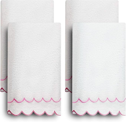 100% Cotton Hand Towels for Bathroom 4 Pcs Scalloped Hand Towels 16 * 27 Inch Embroidered Decorative 600 GSM Soft Absorbent Bath Towel for Spa Yoga Hotel Sport (Pink)