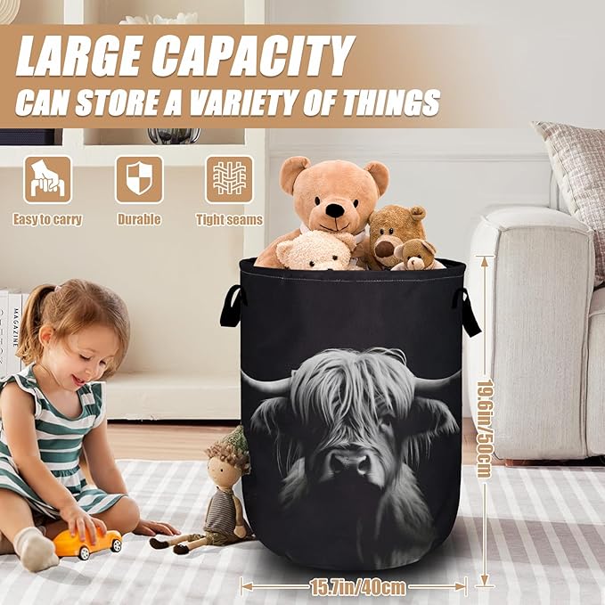 Highland Cow Laundry Basket, Foldable Waterproof Black Laundry Hamper Tote Bag Dirty Clothes Storage Bucket Toy Organizer for Bathroom/Laundry/Bedroom 15.7"x19.6"Highland Cow
