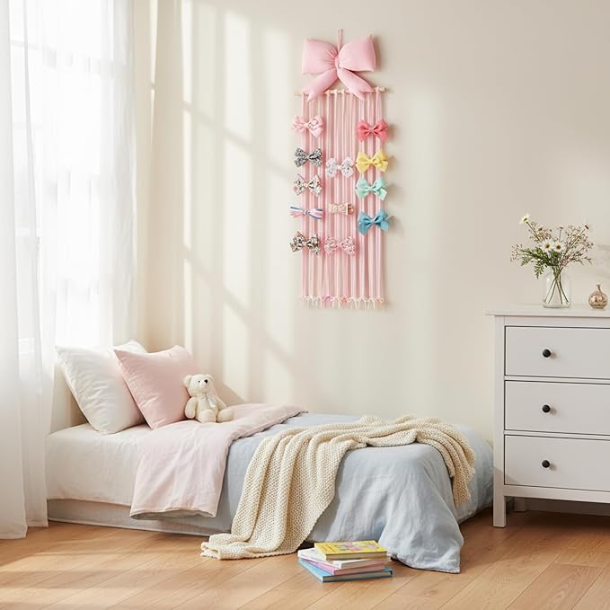 Long Bow Holder for Girls Baby Pink Bow Hair Bows Clip Organizer 31.5 Inch Baby Hair Accessories Storage Display Hanging Decor for Girls Nursery Room Bedroom Living Room