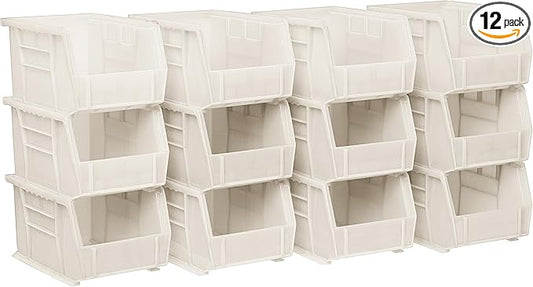 Akro-Mils 30237 AkroBins Plastic Storage Bins, Space-Saving Stackable Bins for Garage, Pantry, Craft Organization, 9" x 6" x 5", Stone, 12-Pack