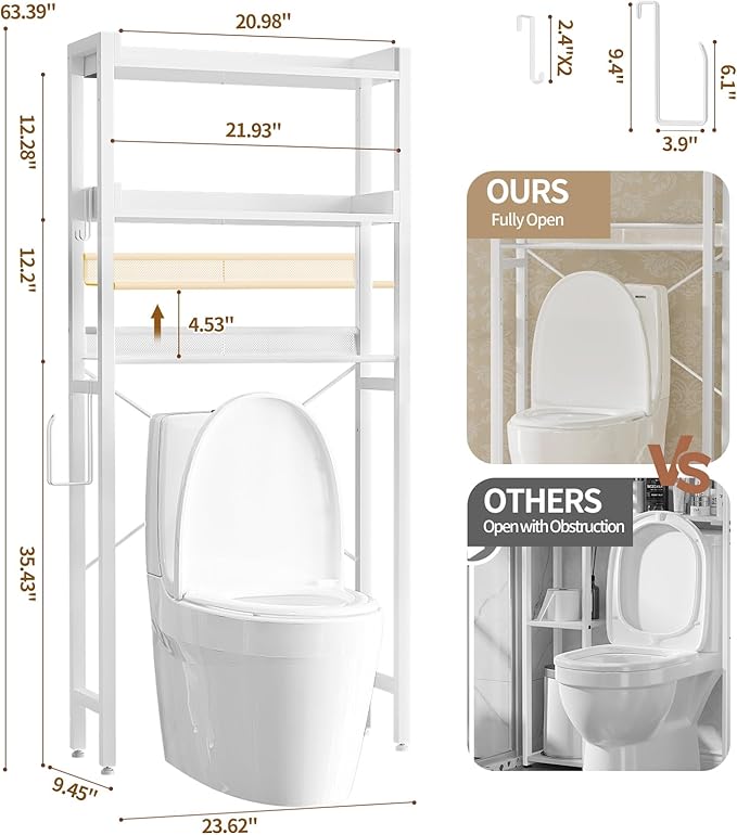 Housolution Over The Toilet Storage with 2 Drawers, 3 Tier Over Toilet Bathroom Organizer with Height Adjustable Shelves and Hooks, Space Saver Above Toilet for Bathroom/Restroom/Laundry, White