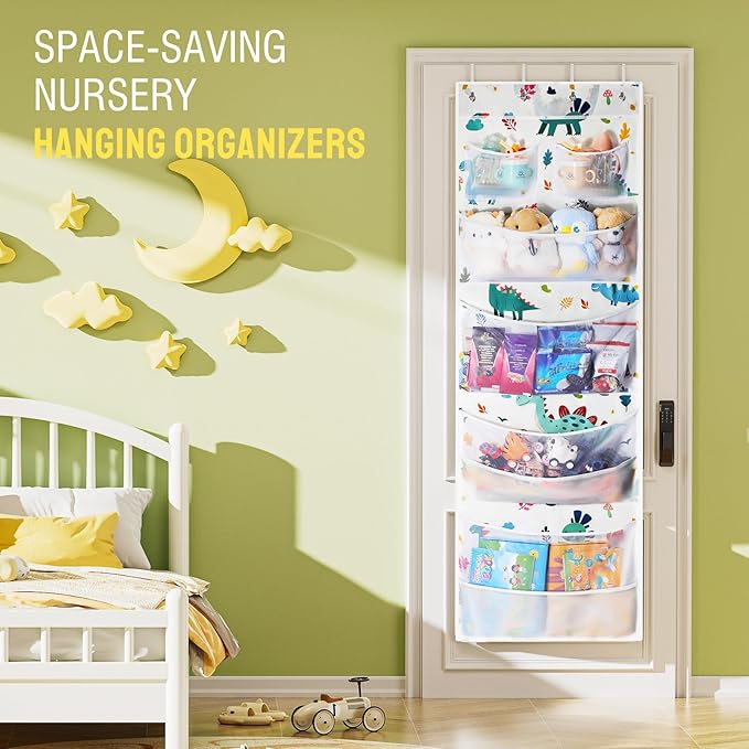 Yecaye Stuffed Animal Storage, Hanging Organizer for Stuffed Animals with 6 Expandable Mesh Net Pockets, Stuffed Animal Hammock, Over the Door Organizer, Dinosaur Print