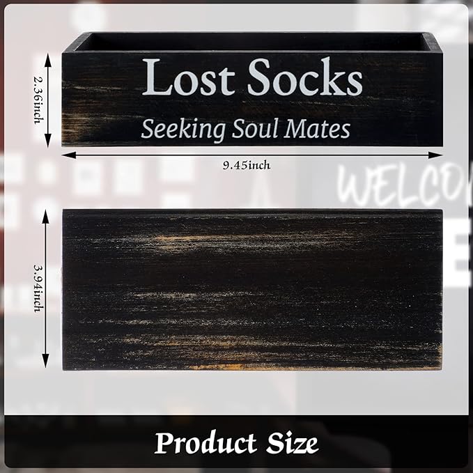 Farmhouse Missing Sock Basket - Wooden Laundry Room Organization - Rustic Farmhouse Decor - Funny Lost Socks Sign (Black, 9.4 x 3.94 x 2.36'')