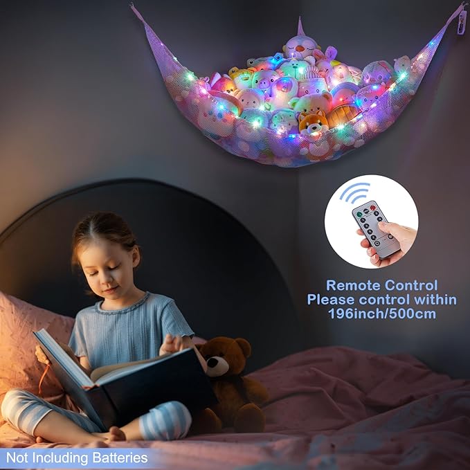 Basumee Stuffed Animals Net or Hammock with LED Light Hanging Toy Net Hammock for Stuffed Animals Storage Stuff Animals Hammocks for Nursery Room with Remote Control, 8 Kinds of Lights(Pack of 1)