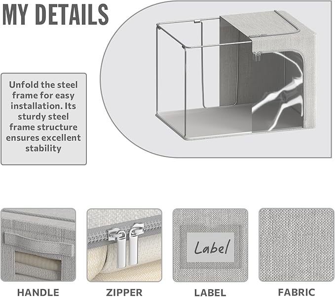 4 Pack Clothes Storage Bins with Metal Frame - 100L Stackable Storage Box with Lid，Foldable Storage Container Organizer for Clothes，Linen Fabric Storage Box with Clear Window＆Zippers＆Handles