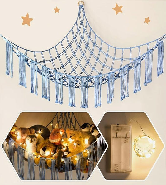 Stuffed Animal Storage Hammock Corner X-Large with LED Light - Baby Hammock Hanging Holder Plushies Net for Stuff Animals Organizer - Cute Room Decor Aesthetic Kids Toddler Nursery Bedroom