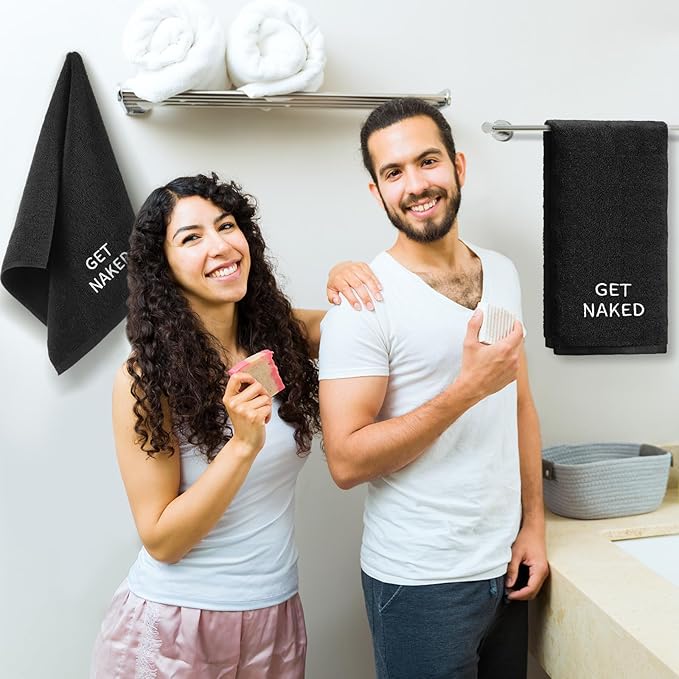 2 Pcs Get Naked Hand Towels 100% Cotton Embroidered Bathroom Towel Modern Decorative Housewarming Gifts, Funny Bathroom Decor 29 x 13 Inch (Black)