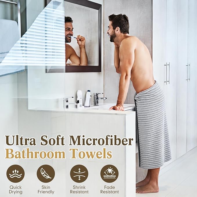 4 Pieces Extra Large Grey Striped Bath Towels Set 35 x 70 in Coral Fleece Oversized Bathroom Pool Towel Highly Absorbent Soft Quick Dry Shower Bath Sheets for Hotel Spa Pool