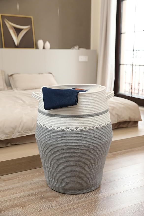 26" x 20" Handcrafted Tall Cotton Rope Basket with Lid, Stylish Flagon Shape with Cover, Clothes Hamper with Top, for Bedroom and Living Room, White/Grey