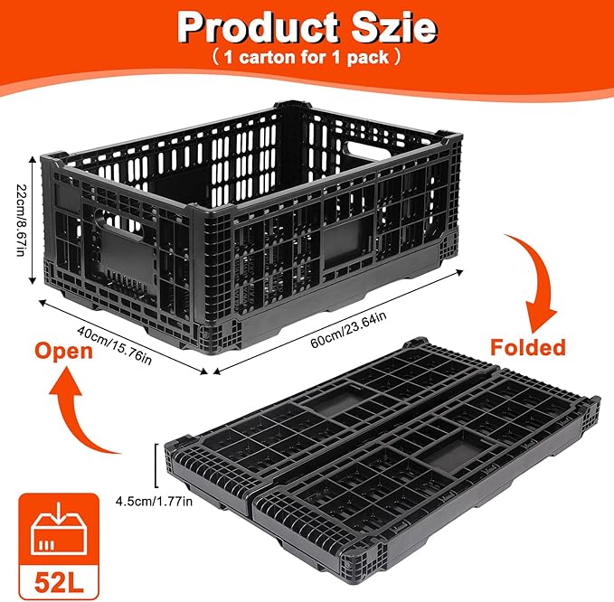 Collapsible Milk Crate, 1 pck 52L(13GAL) Stackable Storage Bins, Heavy Duty Storage Crates, Plastic Crates for Grocery, Warehouse Organization - Extra Large, Holds 130 lbs Per Bin