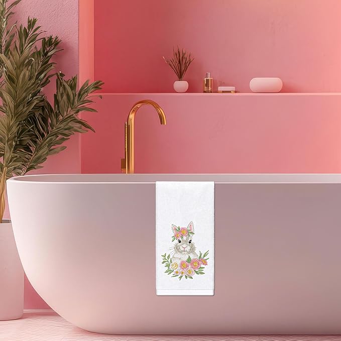 2Pcs Easter Hand Towels Floral Bunny Cotton Embroidered Bathroom Towel Spring Flower Rabbit Absorbent Bath Towels for Drying Cleaning Cooking, 29.5 x 13.7 Inch