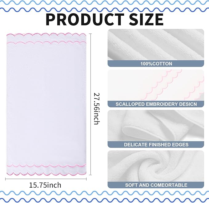 100% Cotton Hand Towels for Bathroom 4 Pcs Scalloped Hand Towels 16 * 27 Inch Embroidered Decorative 600 GSM Soft Absorbent Bath Towel for Spa Yoga Hotel Sport (Pink)