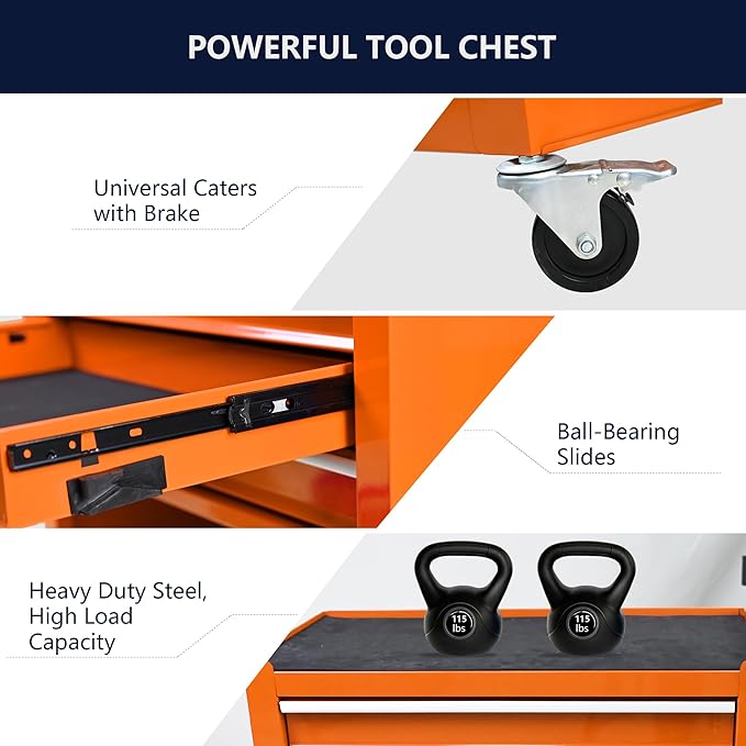 4-Drawer Rolling Tool Chest Cabinet, Large Capacity Metal Tool Box with Wheels, Storage Organizer Tool Cart for Garage, Warehouse, Work Shop (Orange)