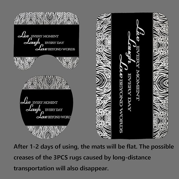 4PCS/Set Inspirational Quotes Shower curtain, Black and White Modern Zebra Pattern Motivational Bathroom Decor, Waterproof Fabric Shower curtain, Non-slip Bath Rugs Toilet Mat, Live Laugh Love