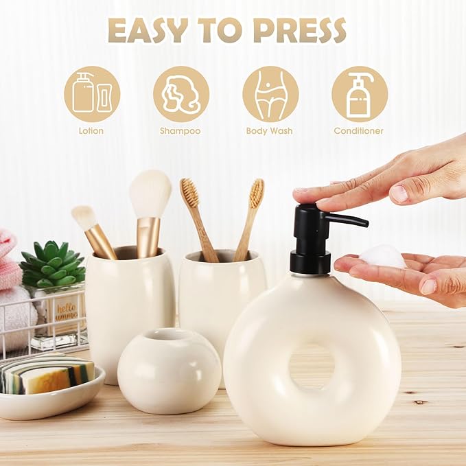 5 Pcs Ceramic Bathroom Accessories Set, Beige Counter Includes Soap Dispenser Toothbrush Cup Holder Soap Box Qtip Holder Stylish Modern Bathroom Matte Glaze Decor(White)